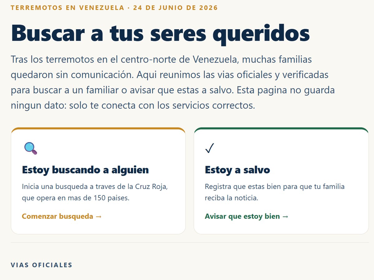BuscoVenezuela.org humanitarian response site hero in Spanish, 'Buscar a tus seres queridos' — Search for your loved ones — with Venezuelan flag