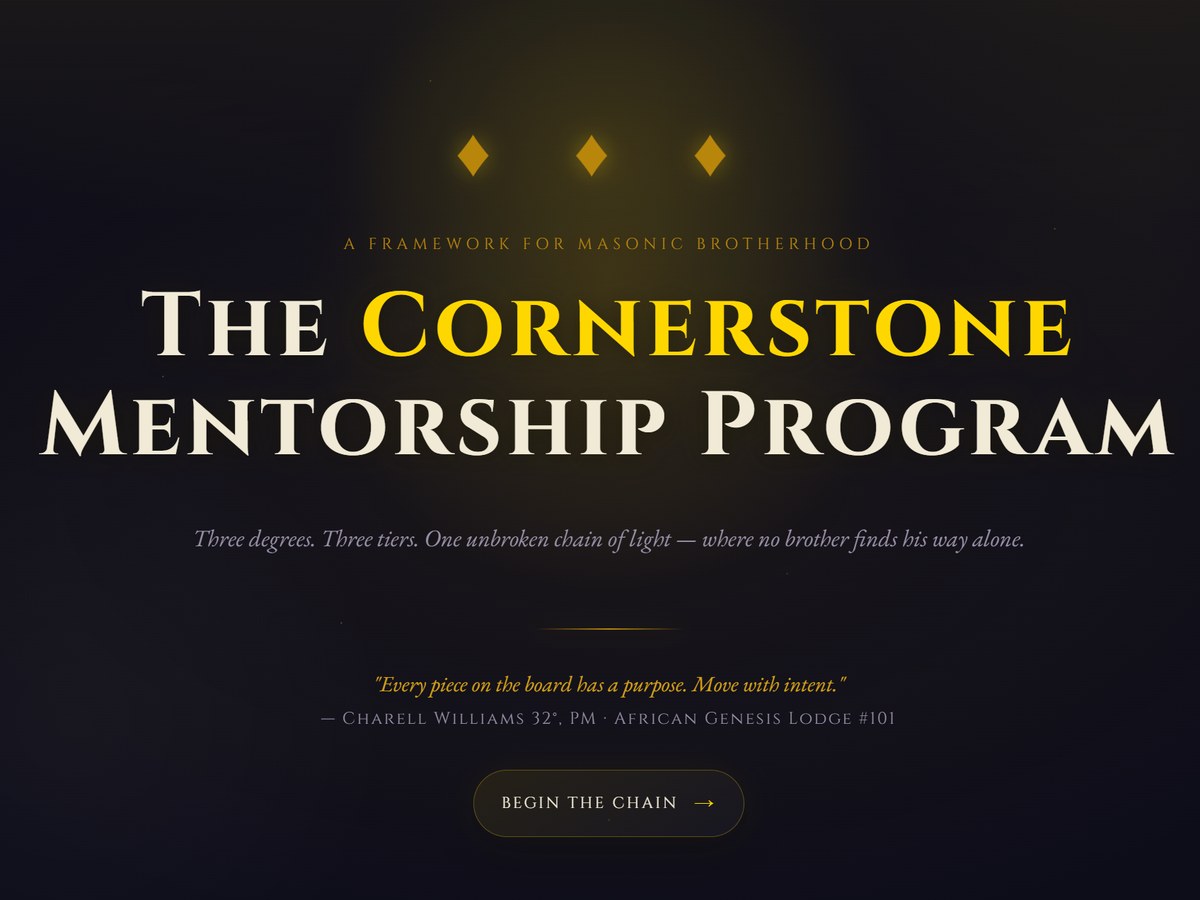 The Cornerstone Mentorship Program website hero with three golden diamonds and 'A framework for masonic brotherhood' framing