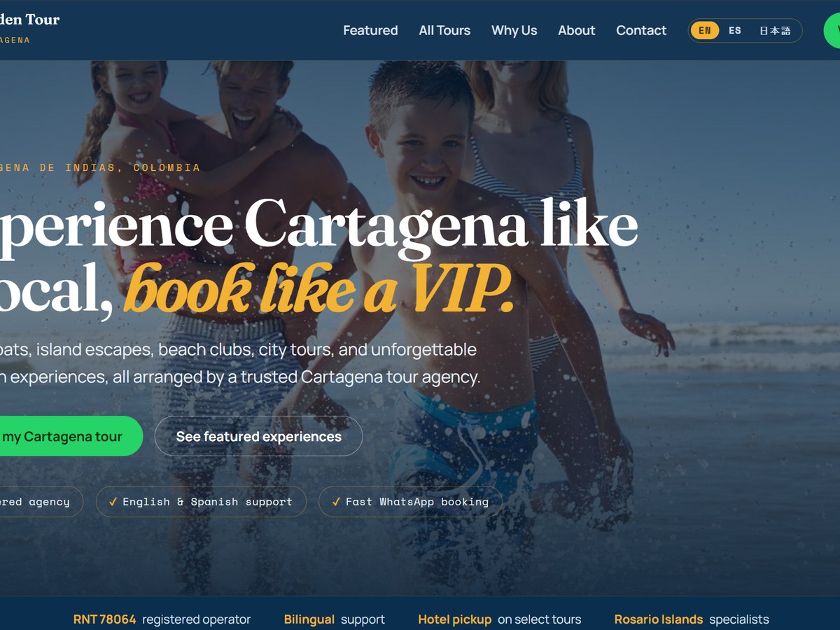 Golden Tour Cartagena website hero, 'Experience Cartagena like a local, book like a VIP' with EN/ES/JP language toggle over Caribbean beach imagery