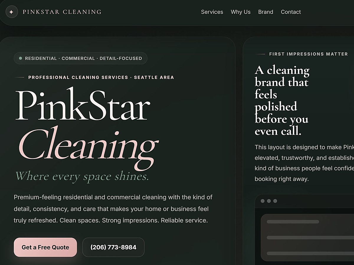 PinkStar Cleaning website hero with elegant serif typography on dark forest green palette
