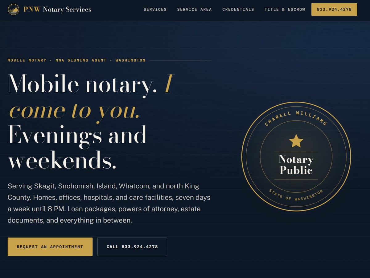 PNW Notary Services website hero, 'Mobile notary. I come to you.' with elegant Notary Public seal
