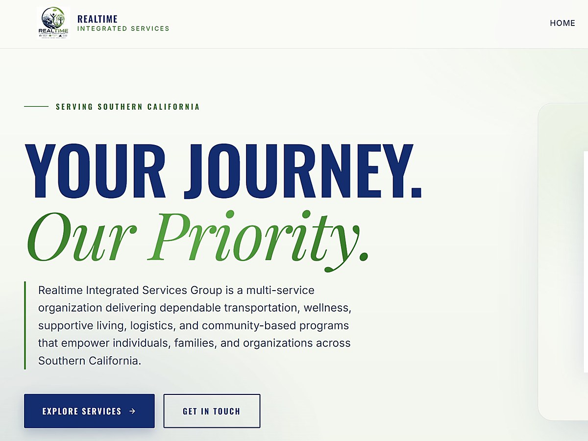 Realtime Integrated Services Group website — hero section showing 'Your Journey, Our Priority' headline