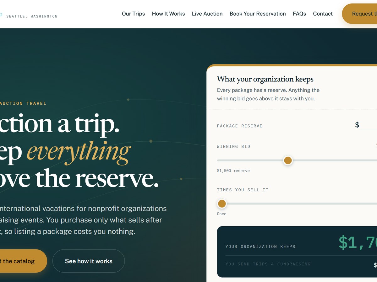 Trips 4 Fundraising website hero showing risk-free travel packages for nonprofit auctions